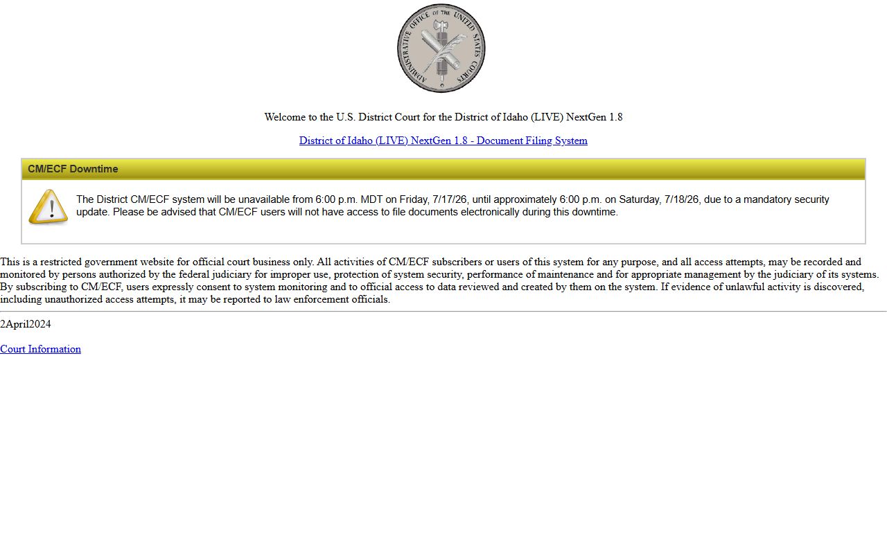Washington County court dockets District of Idaho CM ECF page