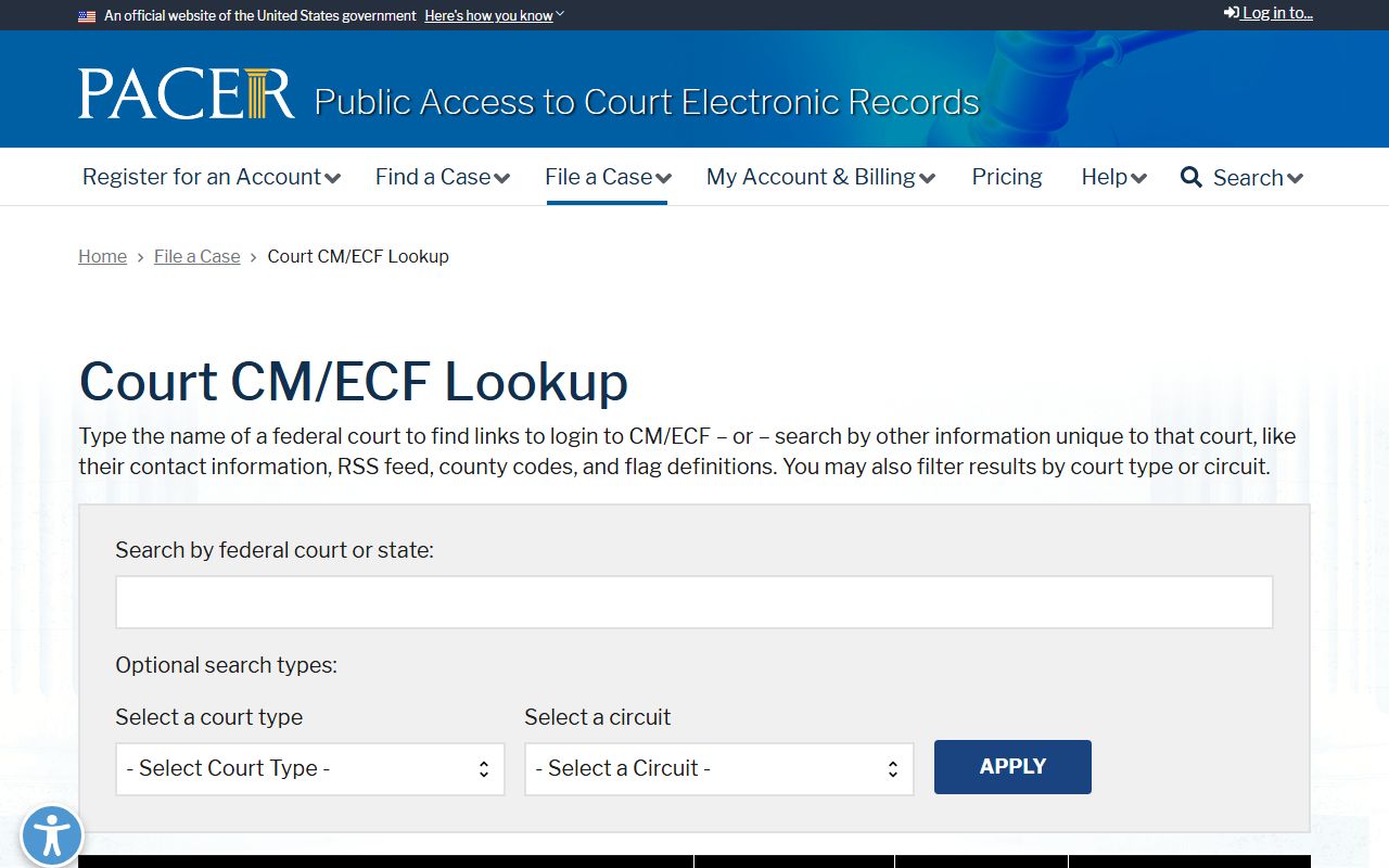 Washington County court dockets PACER court lookup page