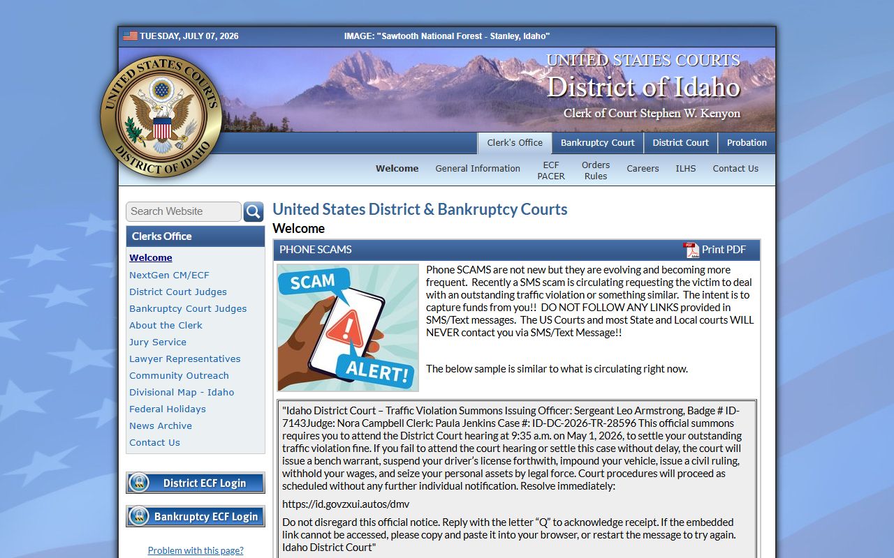 Washington County court dockets District of Idaho court homepage