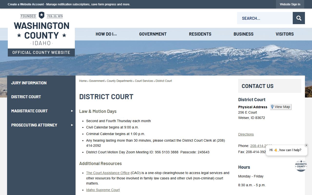 Washington County court records District Court contact page