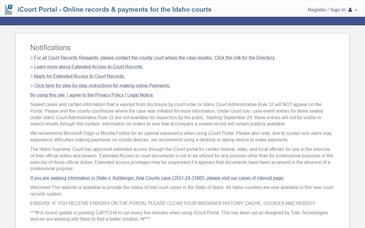 Washington County court records Idaho iCourt Portal search tiles