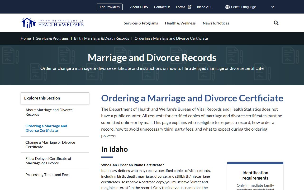 Washington County marriage and divorce records Idaho certificate ordering